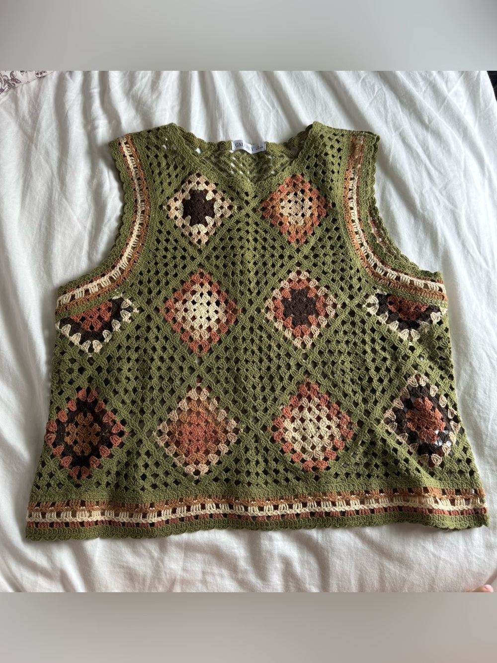Gallery Olive Green Crochet Diamond Tank with Earth Tone Accents